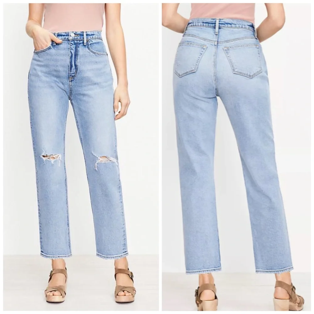 NEW LOFT The Curvy 90s Straight Leg Ankle Distressed Jean Light Indigo Size 25 - Picture 1 of 14